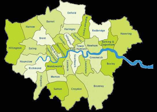 London belvárosának (City) és 32 kerületének (Borough) térképe